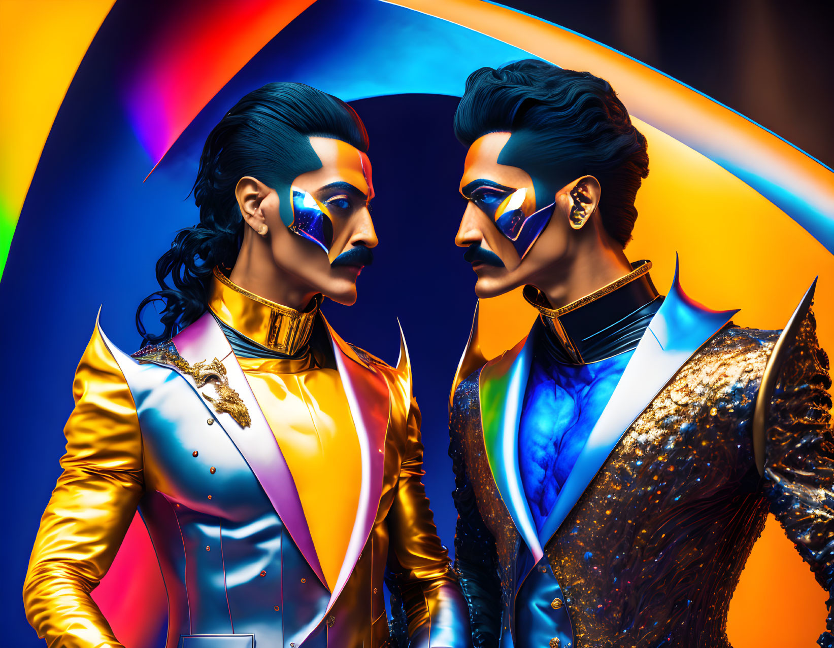 Colorful futuristic costumes on two individuals against multicolored backdrop