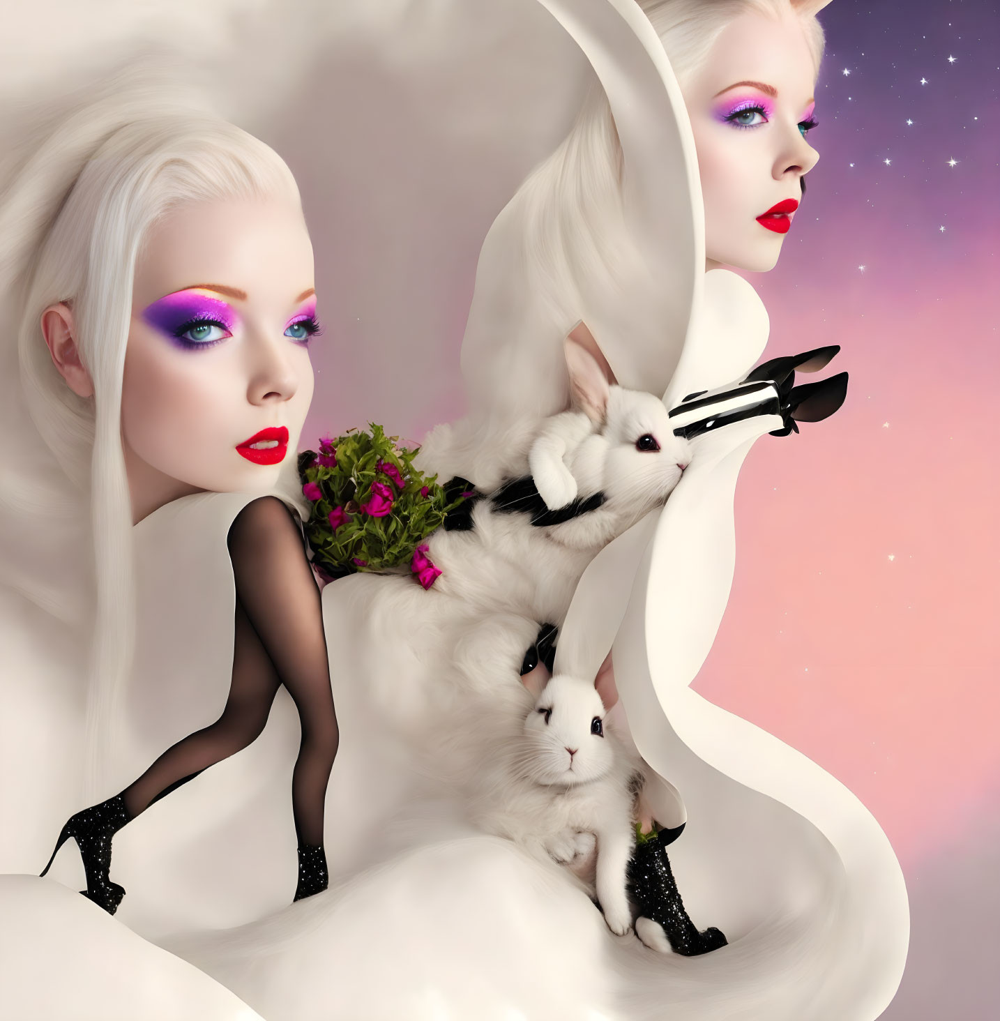 Surreal image: Twin women with white hair, rabbits, cosmic background, white fabric.