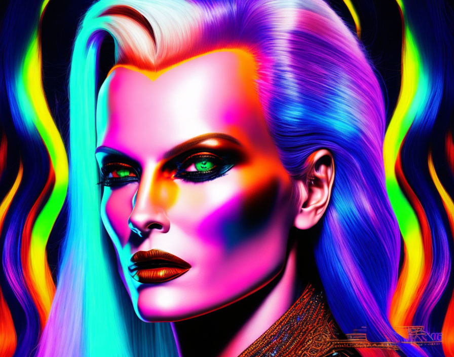 Vibrant Woman with Multicolored Hair and Striking Makeup on Black Background