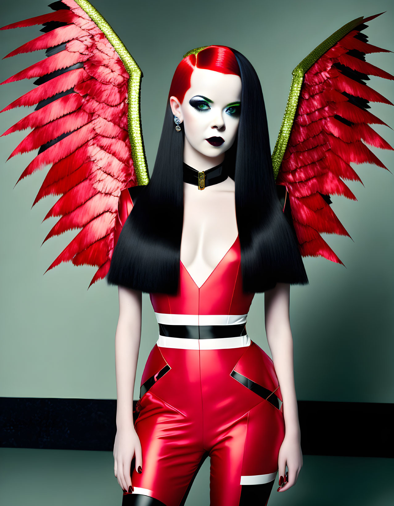 Woman with Red and Black Hair in Dramatic Red Winged Costume