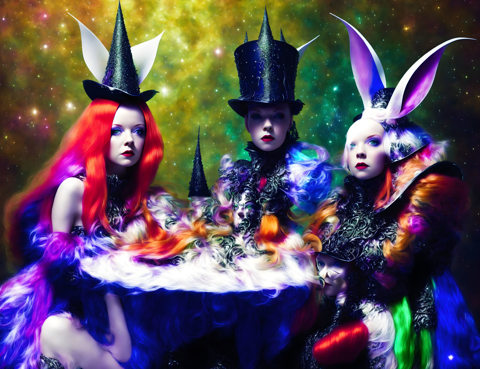 Three individuals in vibrant fantasy costumes with colorful hair and makeup against cosmic backdrop