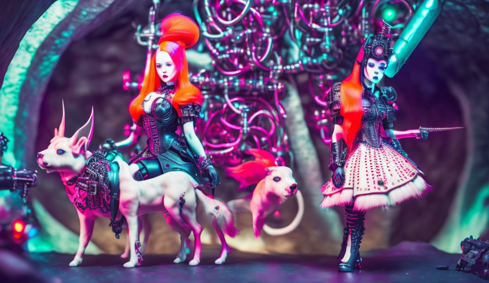 Stylized dolls in punk outfits with three-headed dog in futuristic setting