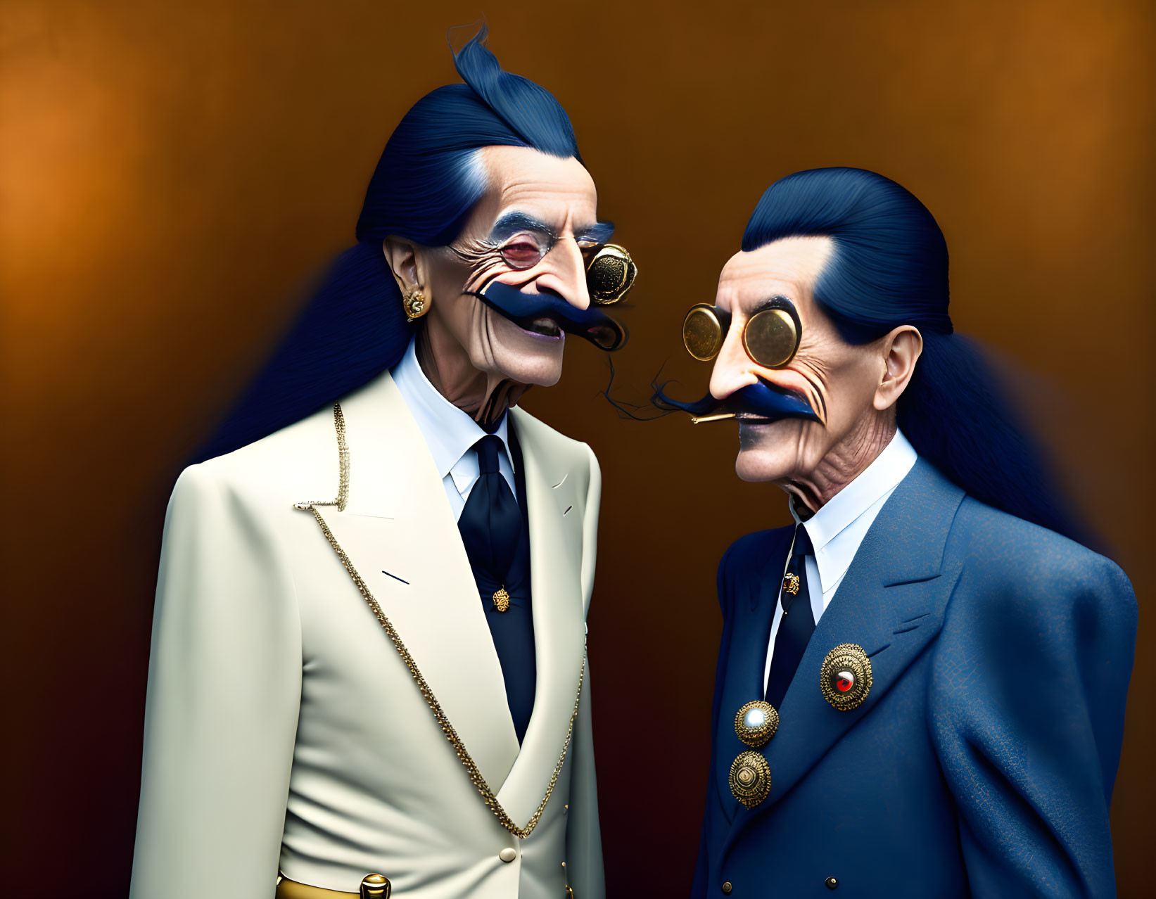 Elderly gentlemen in suits with medals and monocles interact humorously