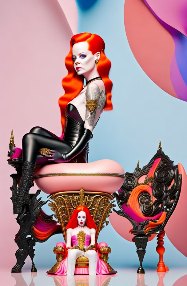 Red-haired woman in waves sitting on ornate chair in black outfit against pastel backdrop