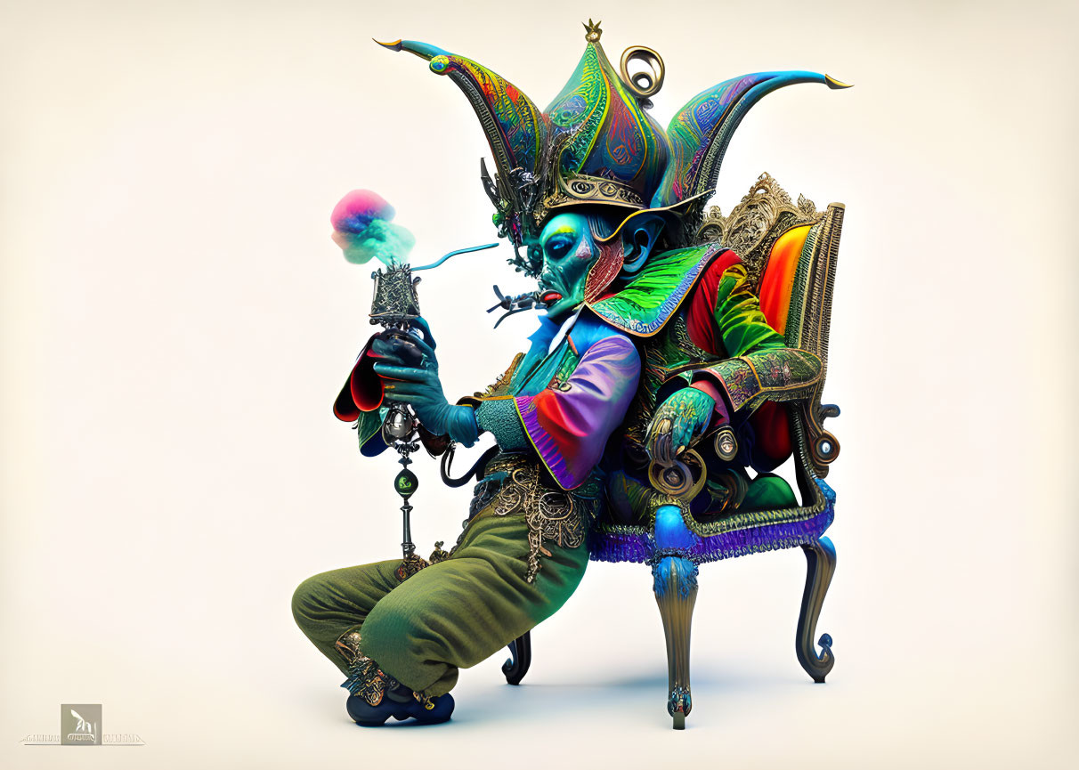 Colorful Jester Character Sitting on Chair with Pipe