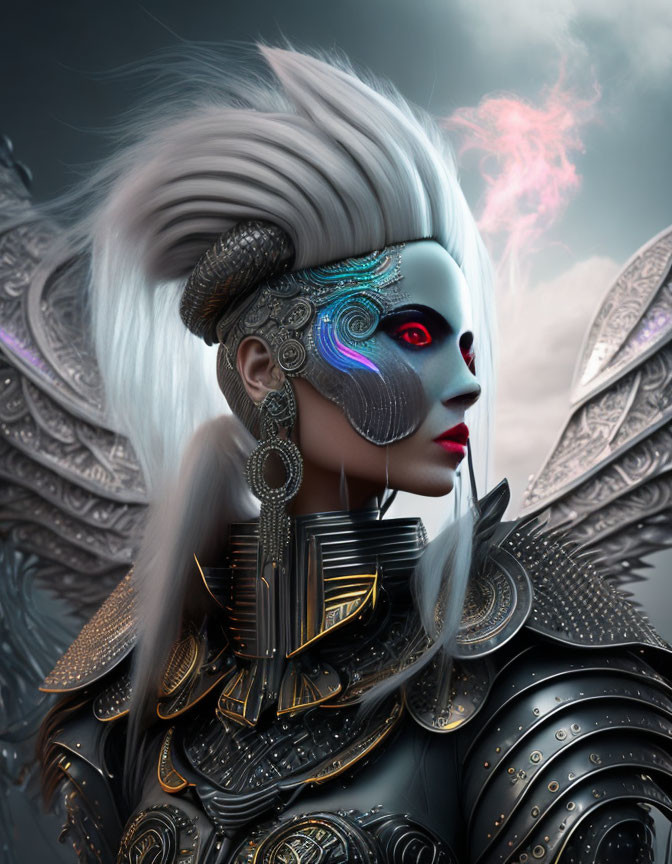 Futuristic female cyborg in silver armor with mechanical wings