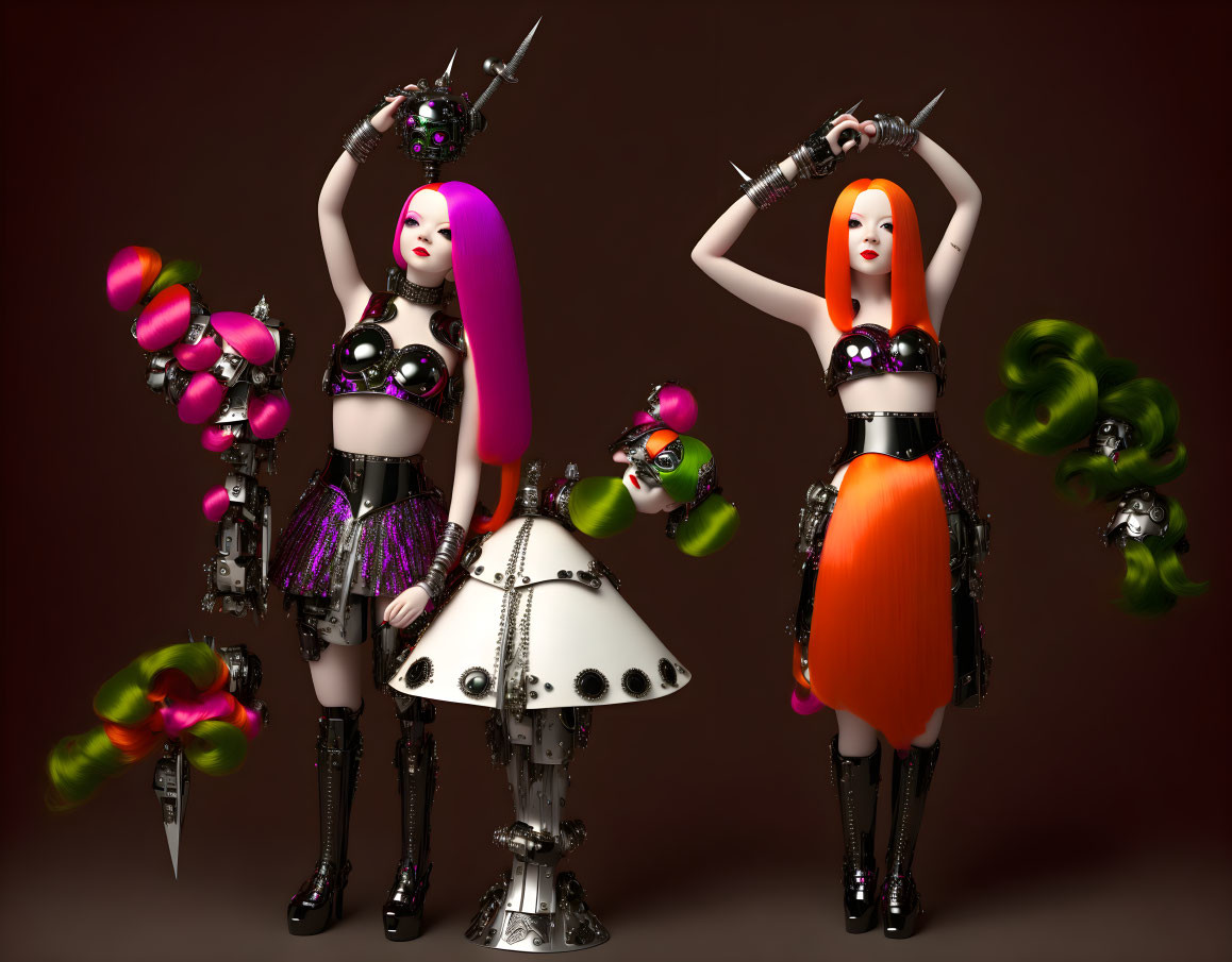 Three futuristic female characters with vibrant hair and cyberpunk attire pose against a brown background