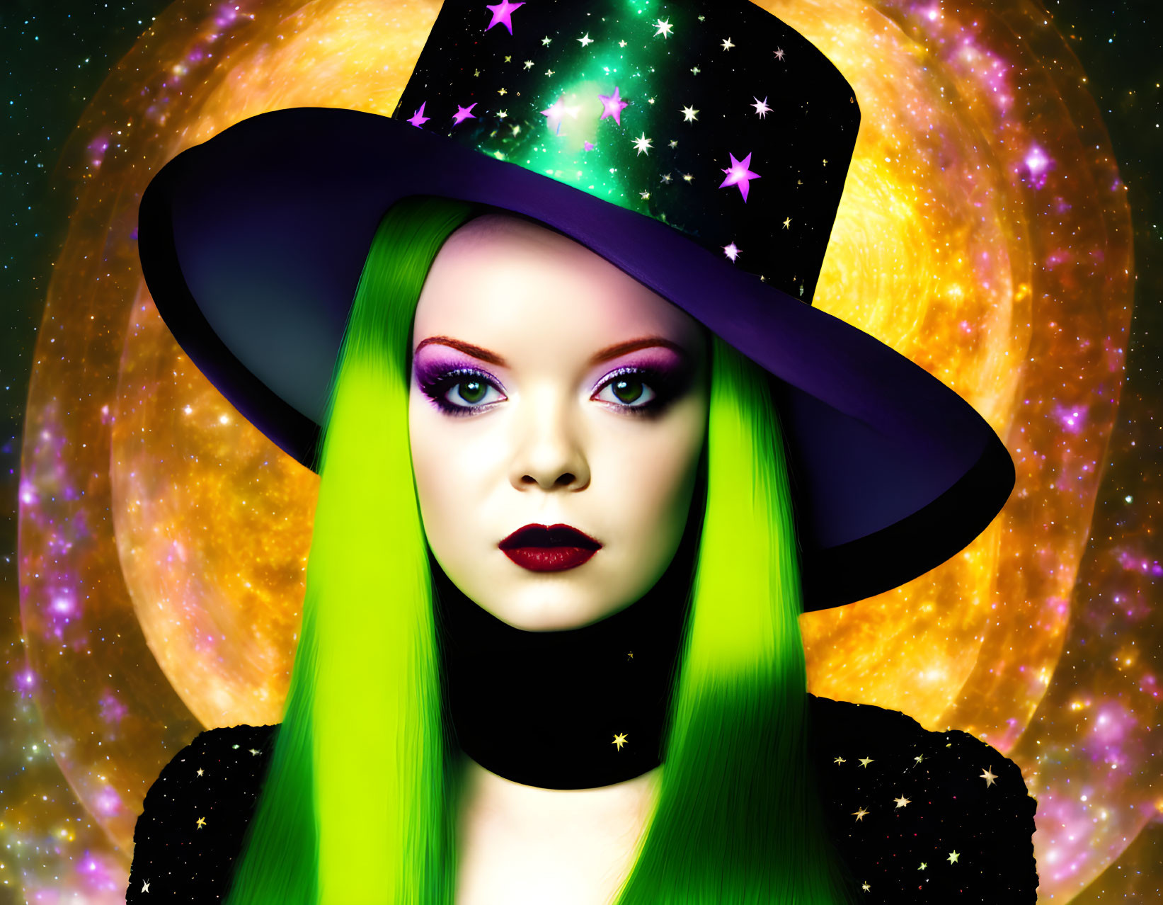 Bright green hair and starry hat against galaxy backdrop