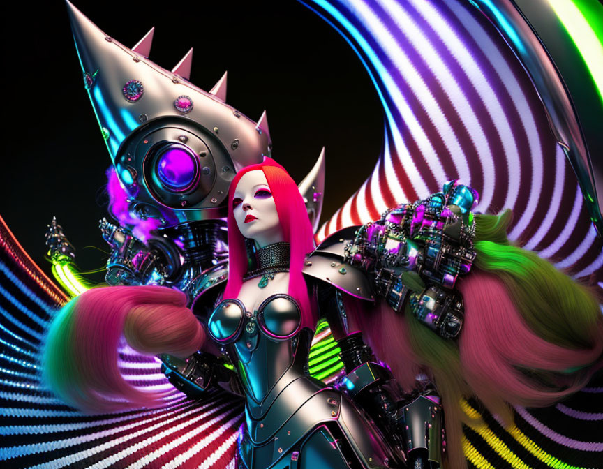 Futuristic female android in silver armor with red hair and robotic arms