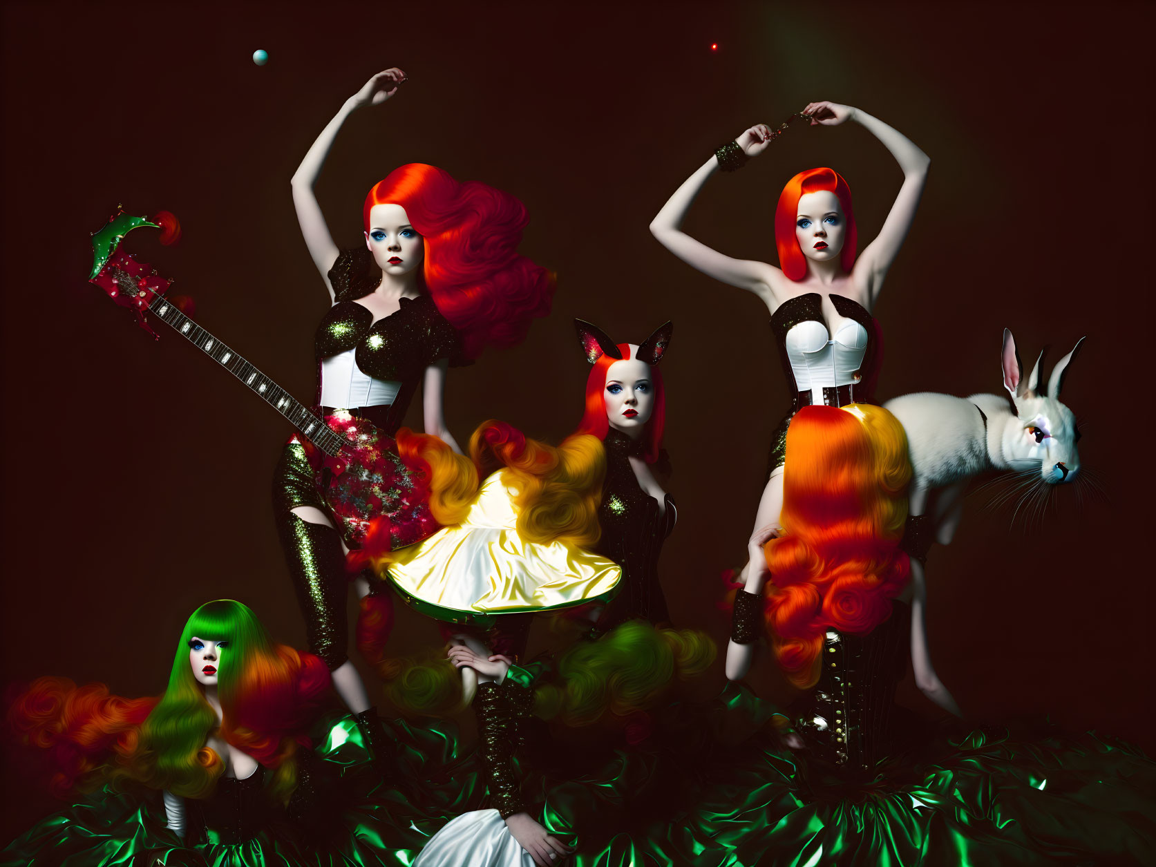 Surrealist art: Four women with fiery hair, animalistic features, white rabbit, guitar,