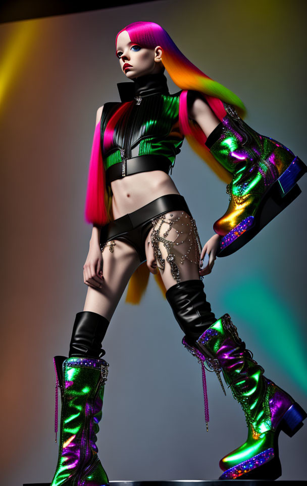 Colorful Hair and Bold Makeup on Futuristic Model in Black Outfit