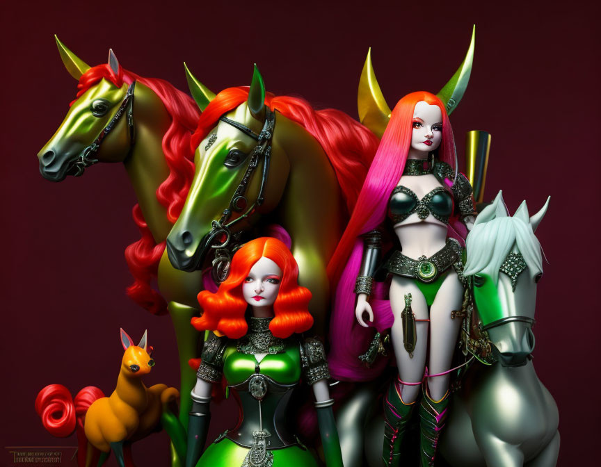 Colorful Medieval Fantasy Artwork: Three Figures in Armor with Unique Hair, Two Matching Horses