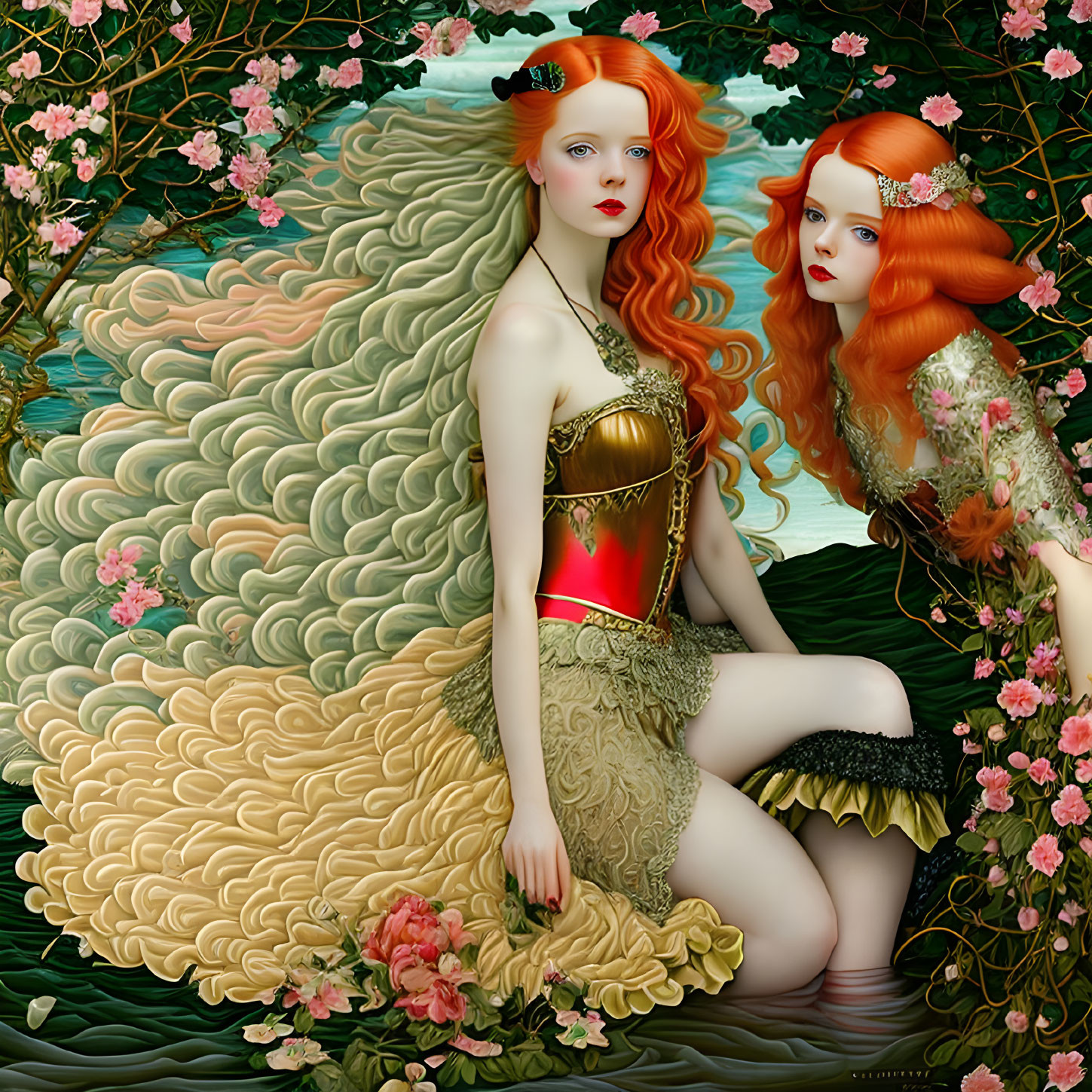 Twin women with red hair in ornate dresses among lush foliage