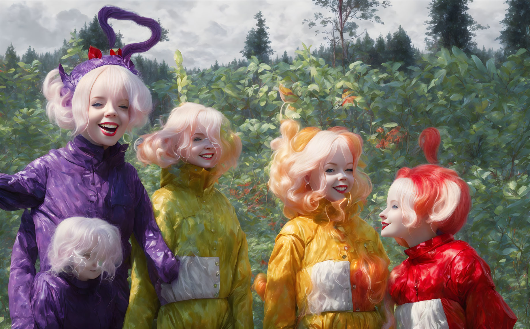 Four Women in Colorful Cartoonish Animal Costumes Posing in Forest