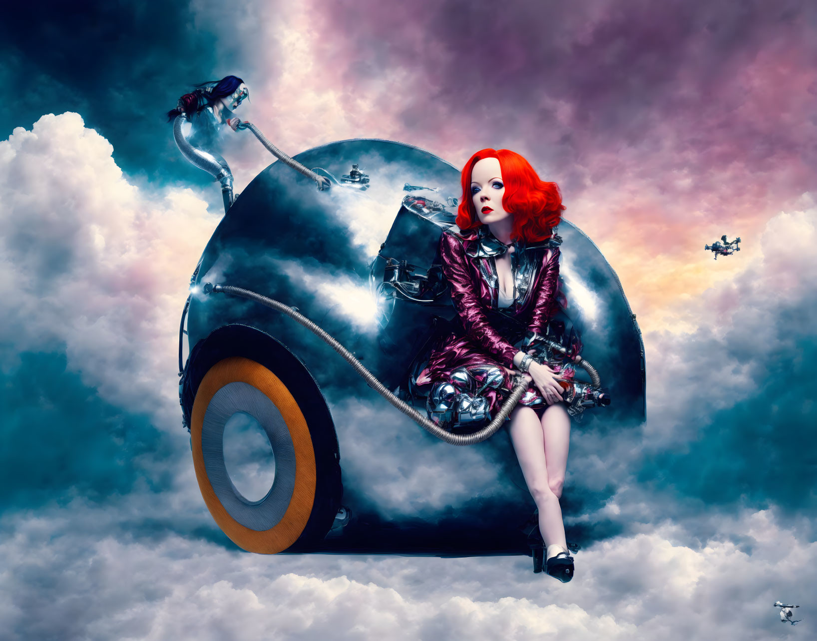 Red-haired woman in metallic dress on futuristic motorcycle under dreamy sky with floating ships