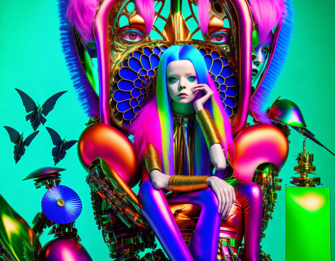Colorful futuristic artwork featuring a central female figure surrounded by ornate designs and butterflies on teal background