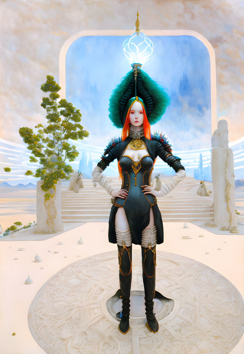 Futuristic female character in blue and black outfit under archway in surreal desert landscape