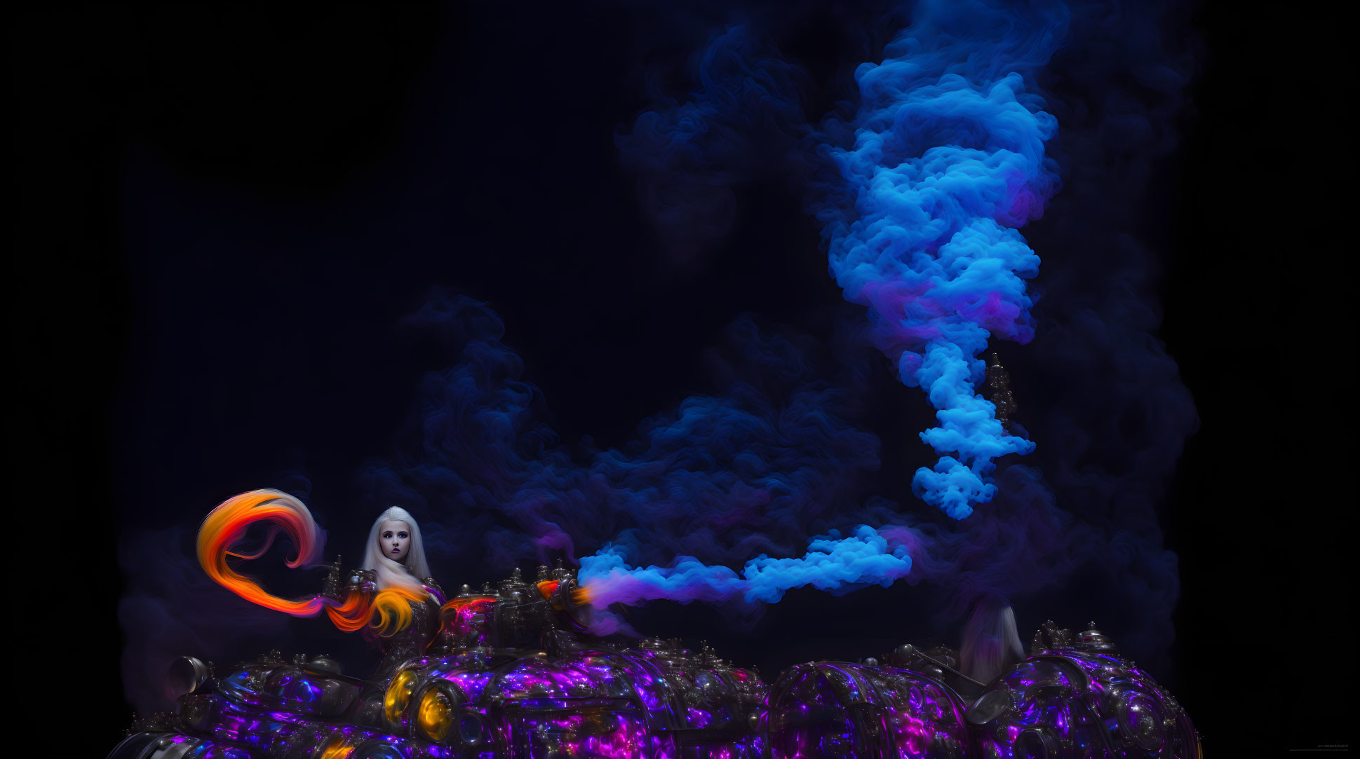 Surreal blue smoke, ambiguous figure, orange motions, purple spheres