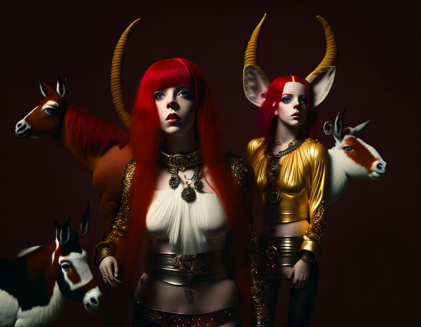 Fantasy-style female characters with horns and unique makeup pose with stylized miniature goats.