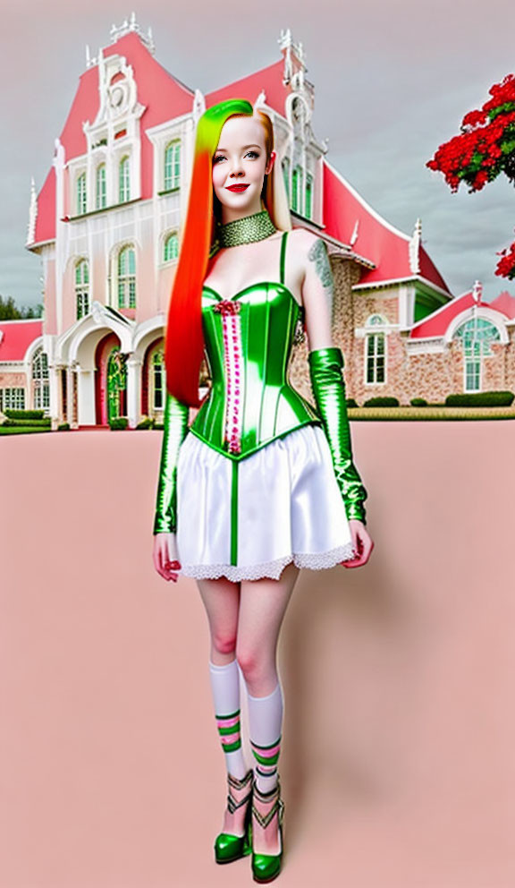 Digital Art: Woman with Half Green, Half Red Hair in Corset Dress by Pink Castle