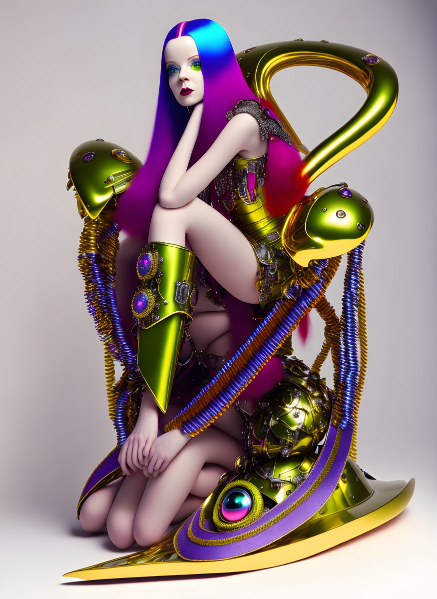 Surreal image of woman with purple hair and futuristic robotic elements
