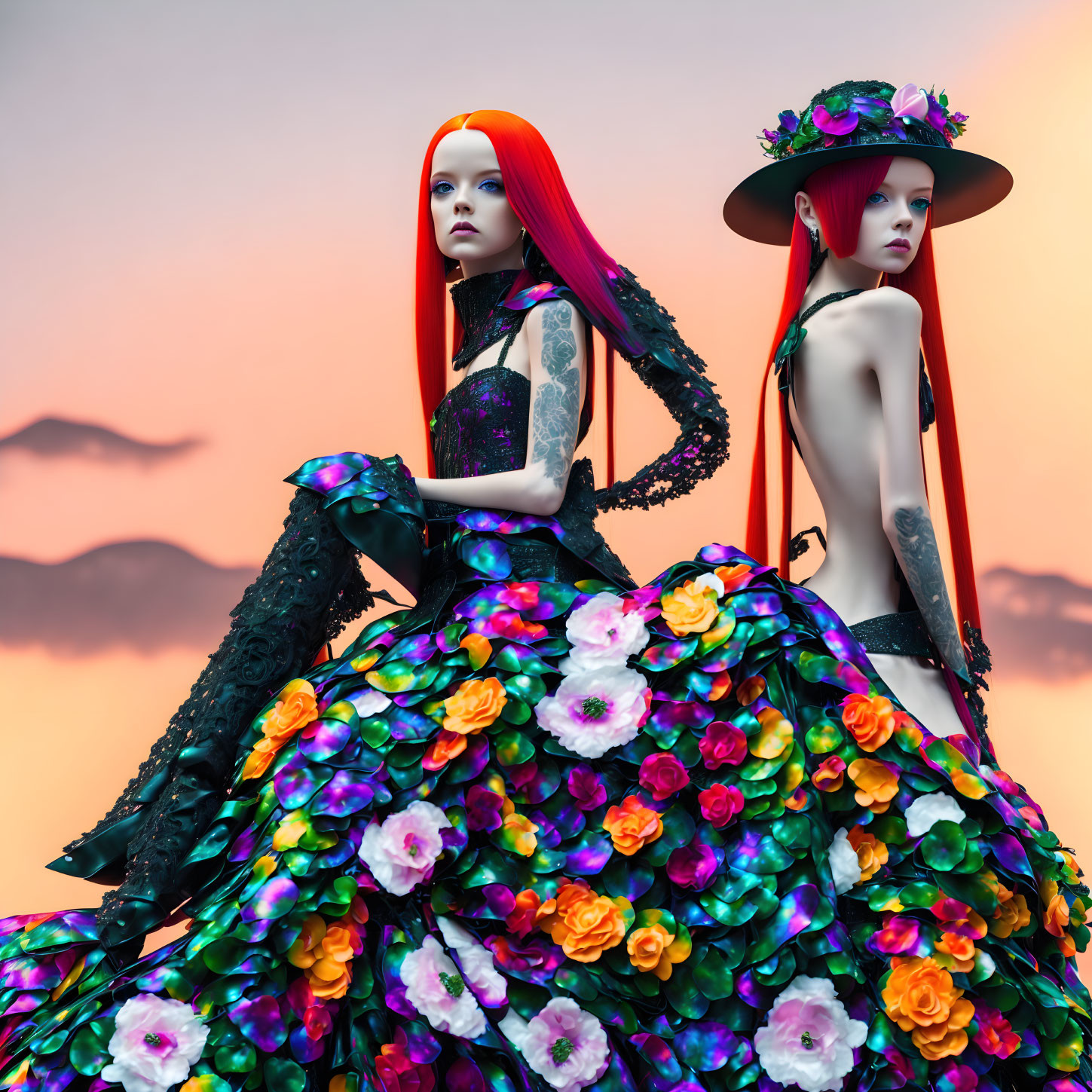 Red-haired women in floral gowns at sunset with mountain silhouettes