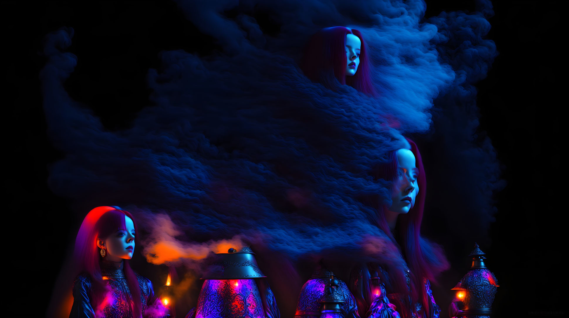 Surreal artwork: Two red-haired female figures in smoke with purple lanterns