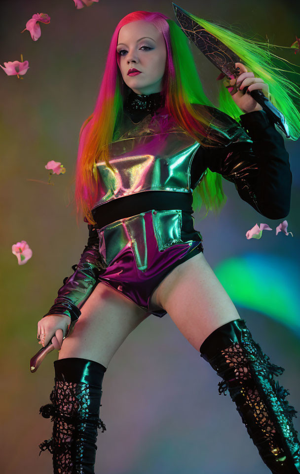 Pink and Green Haired Woman in Metallic Bodysuit with Sword and Flowers