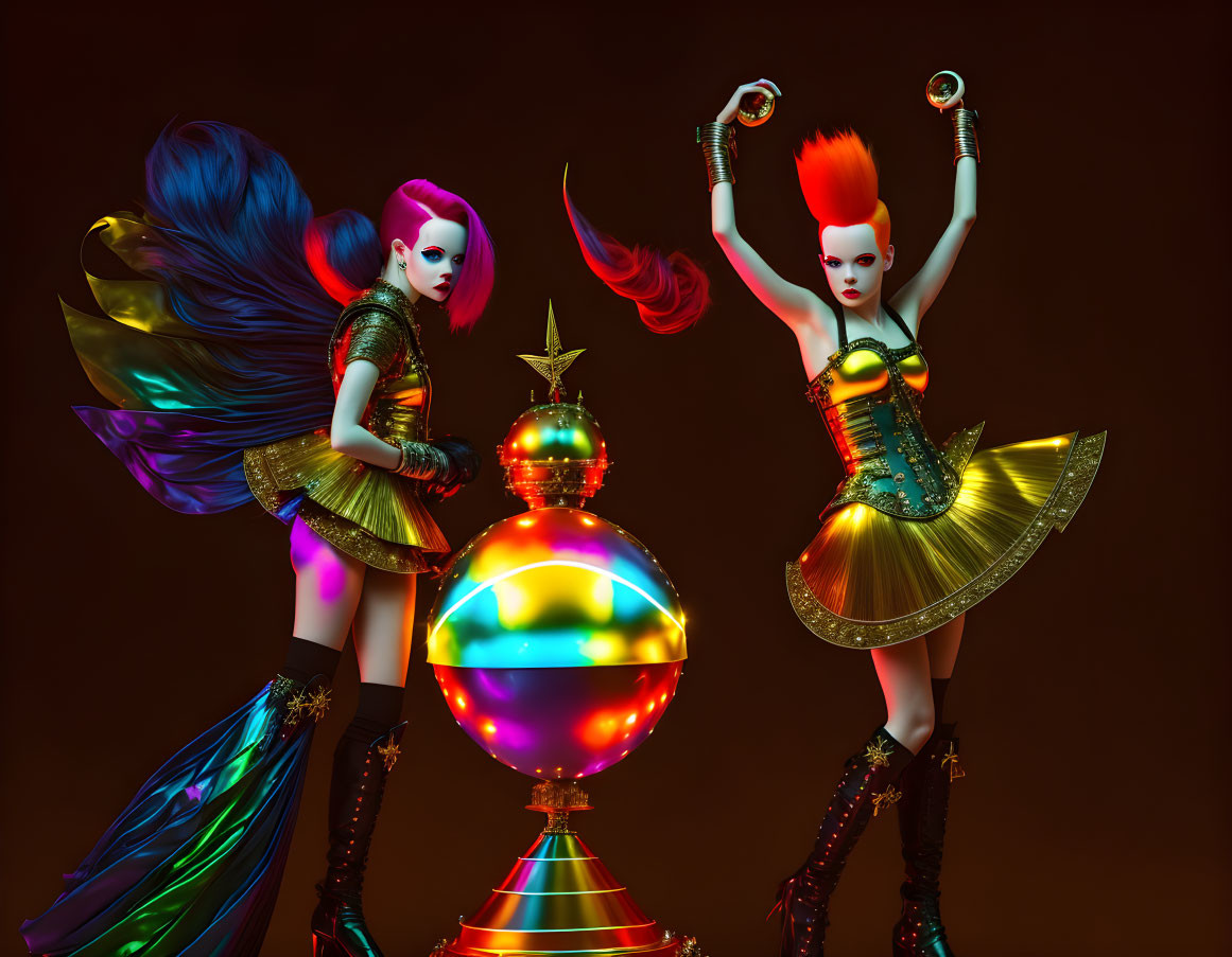 Vibrant punk hairstyles on futuristic female characters with reflective orb in edgy costumes