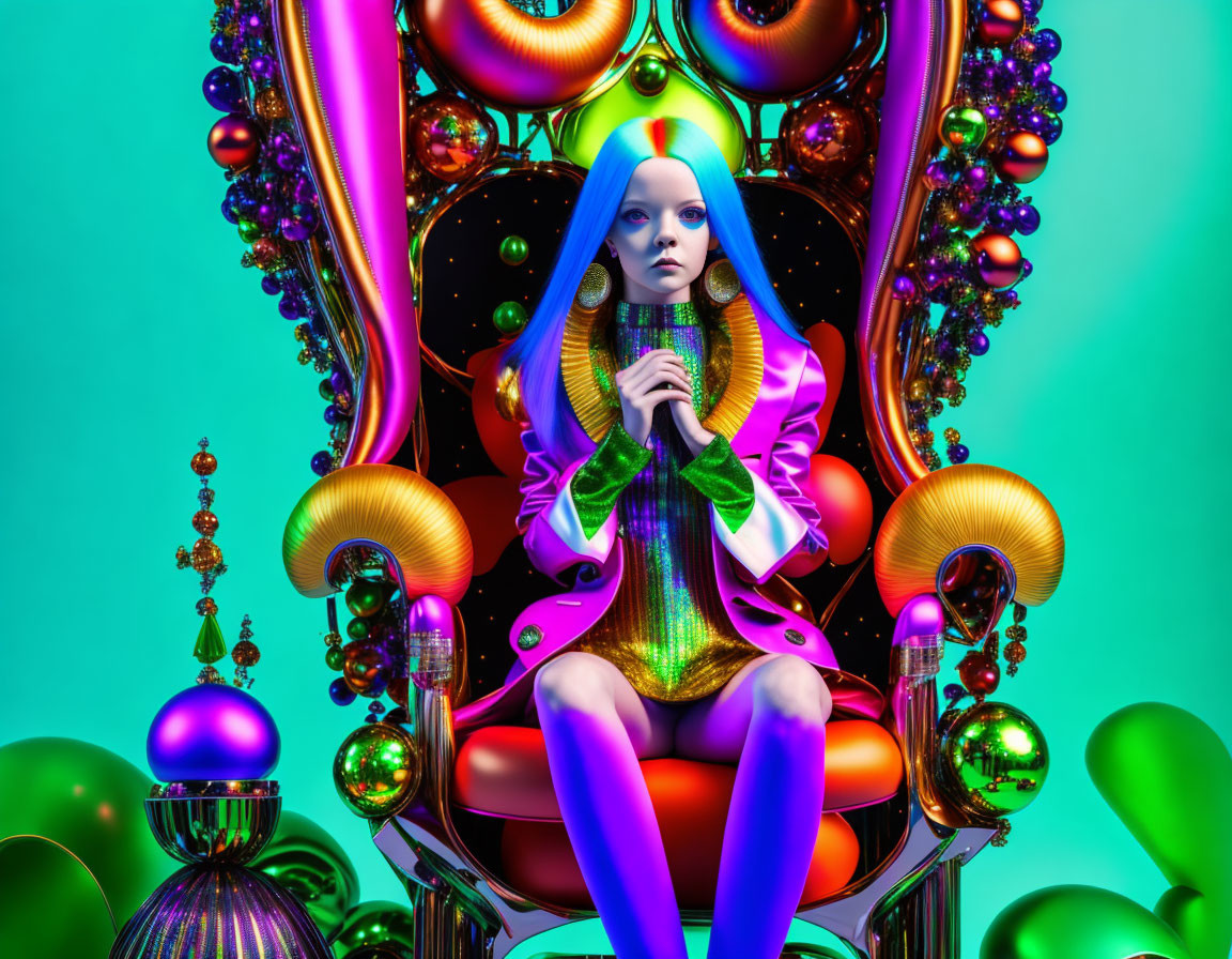 Vibrant surreal fashion scene with reflective dress and glossy orbs