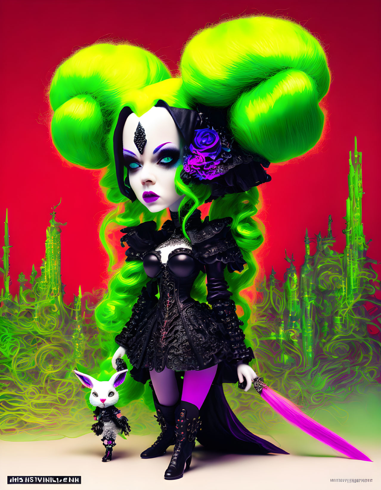 Stylized image of woman with green hair in gothic attire and mythical creature in neon fantasy landscape