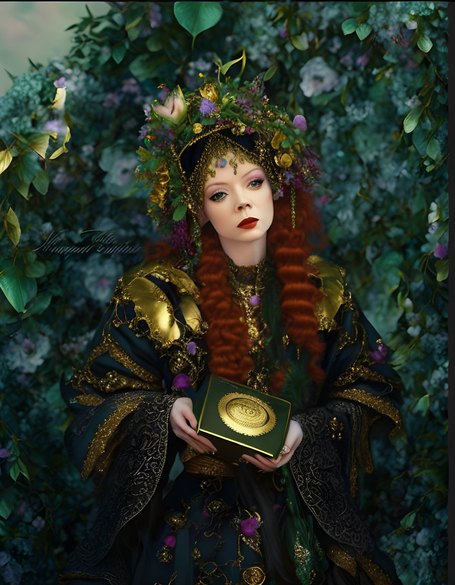 Red-haired regal figure in ornate headpiece with green book, amidst lush greenery and purple