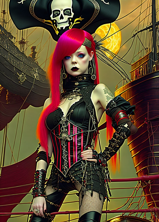 Stylized female pirate with red hair, corset, and skull hat on ship deck under yellow