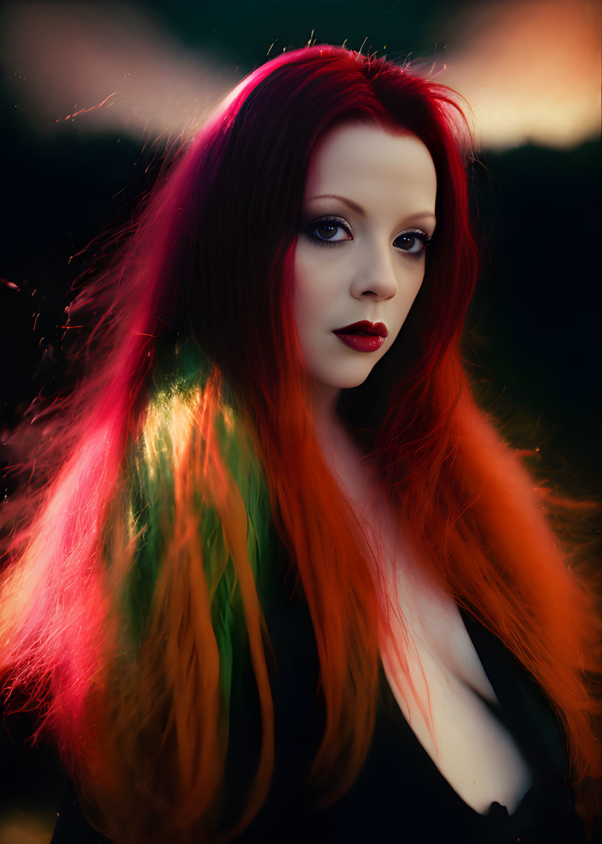 Woman with Red-Orange Gradient Hair and Dark Lipstick in Black Top against Sunset Background