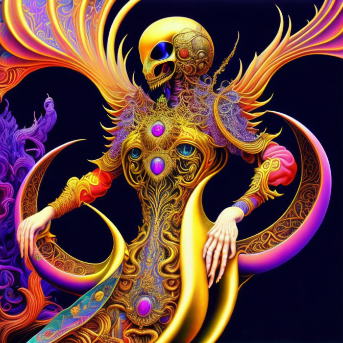 Colorful Psychedelic Artwork: Skull-Headed Figure with Multiple Arms