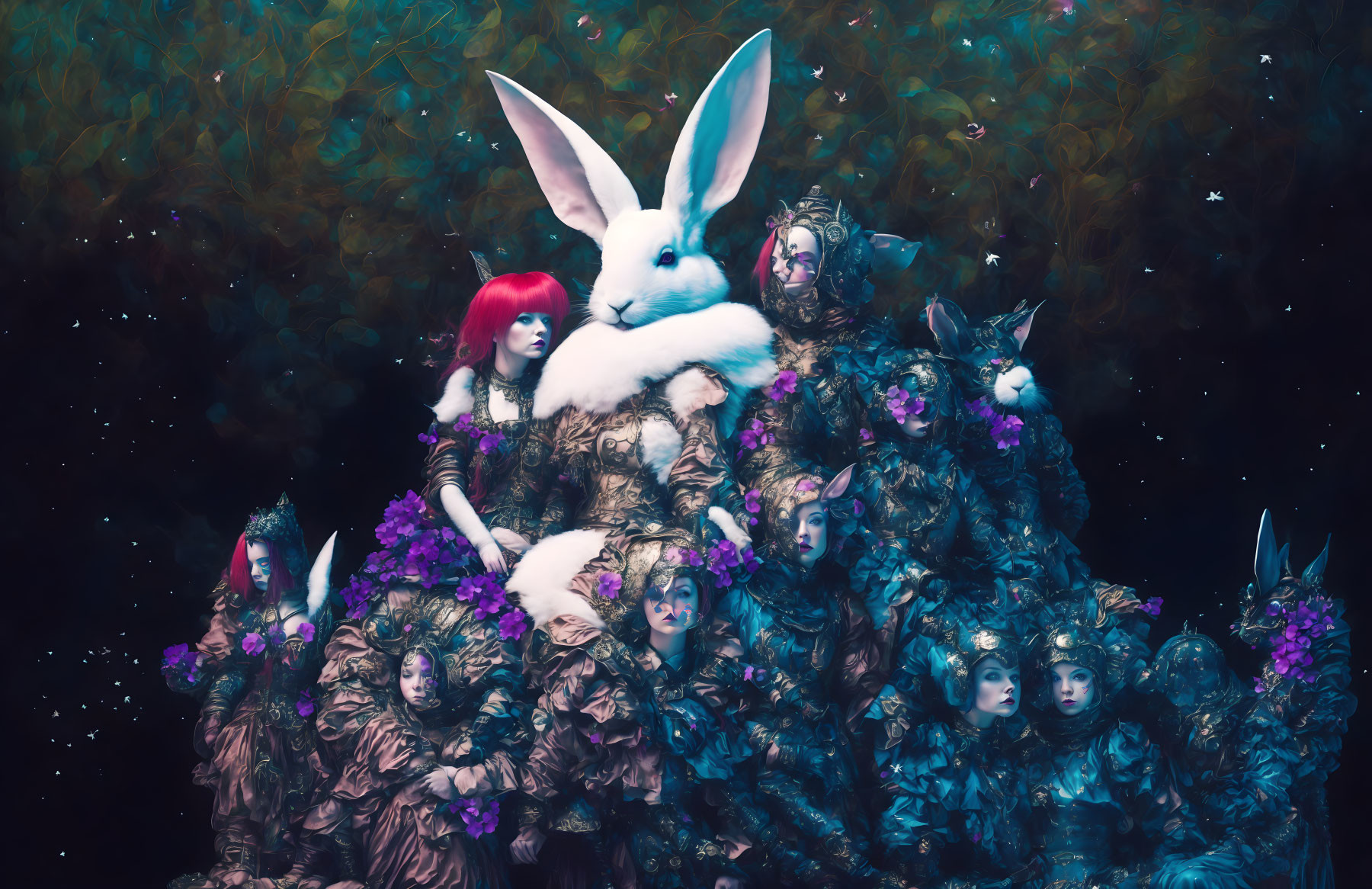 Elaborate costume characters with flora and fauna elements around a white rabbit.