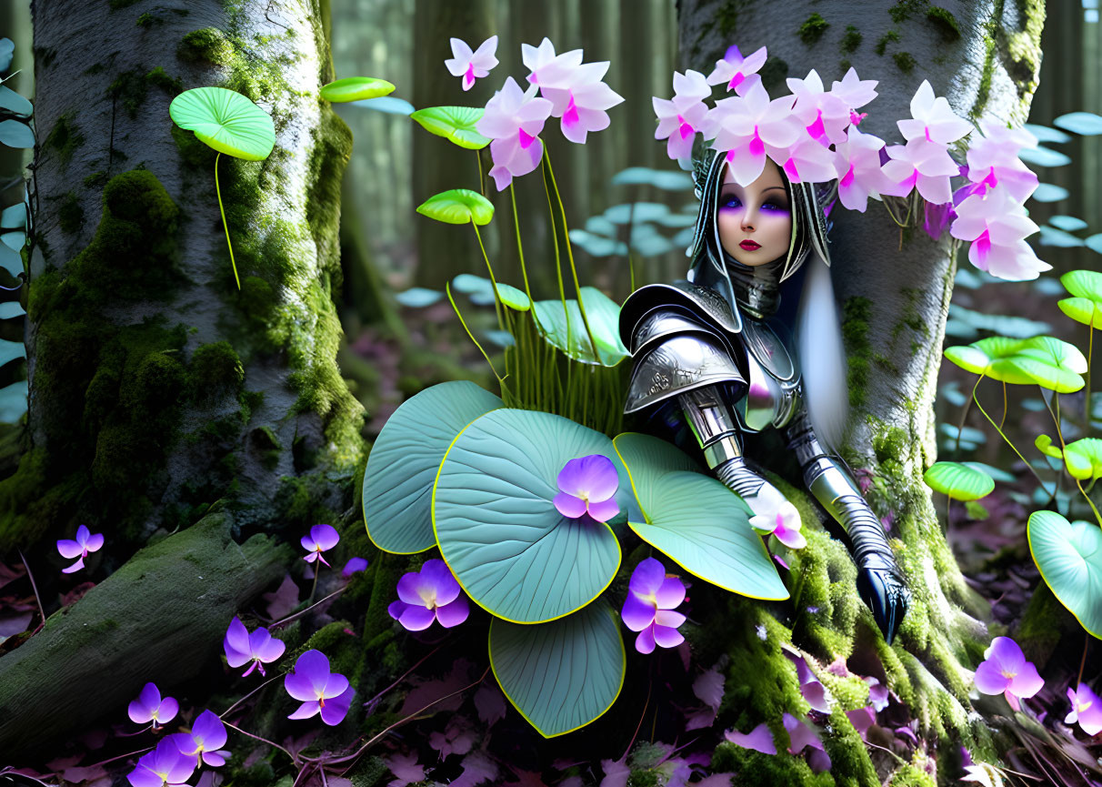 Female humanoid character in silver armor among purple flowers and green leaves.