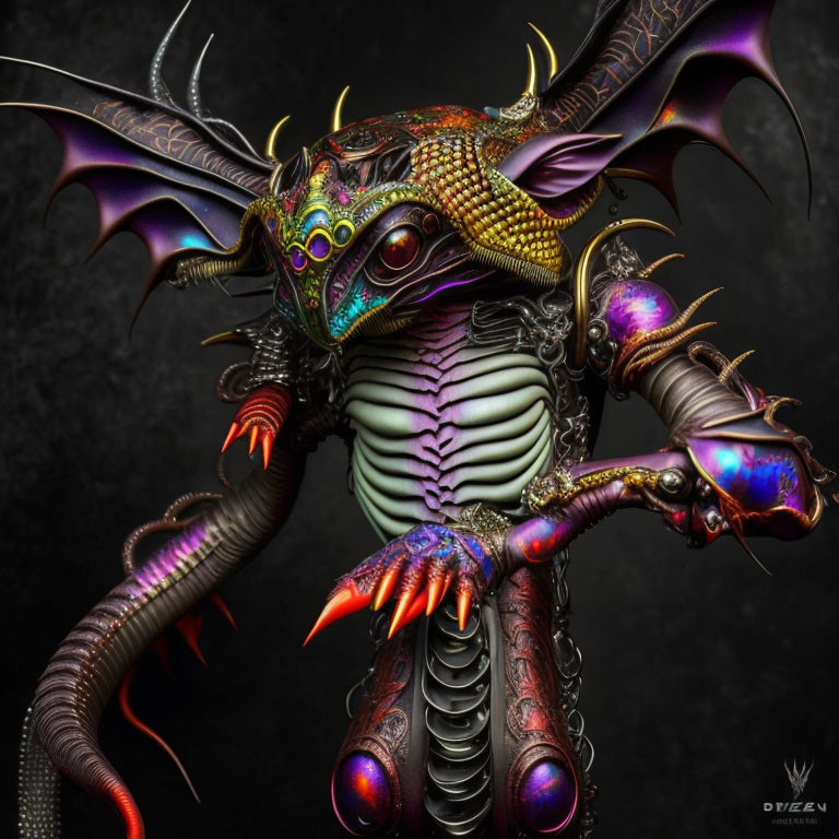 Fantasy creature with dragon-like wings and multiple eyes on iridescent exoskeleton