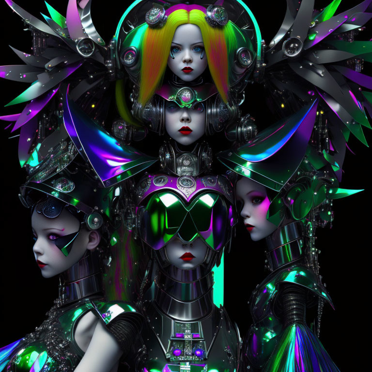 Colorful futuristic female figures with elaborate headgear and cybernetic features.