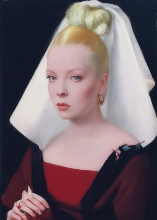 Portrait of woman with pale complexion in vintage updo, red dress, and butterfly on shoulder