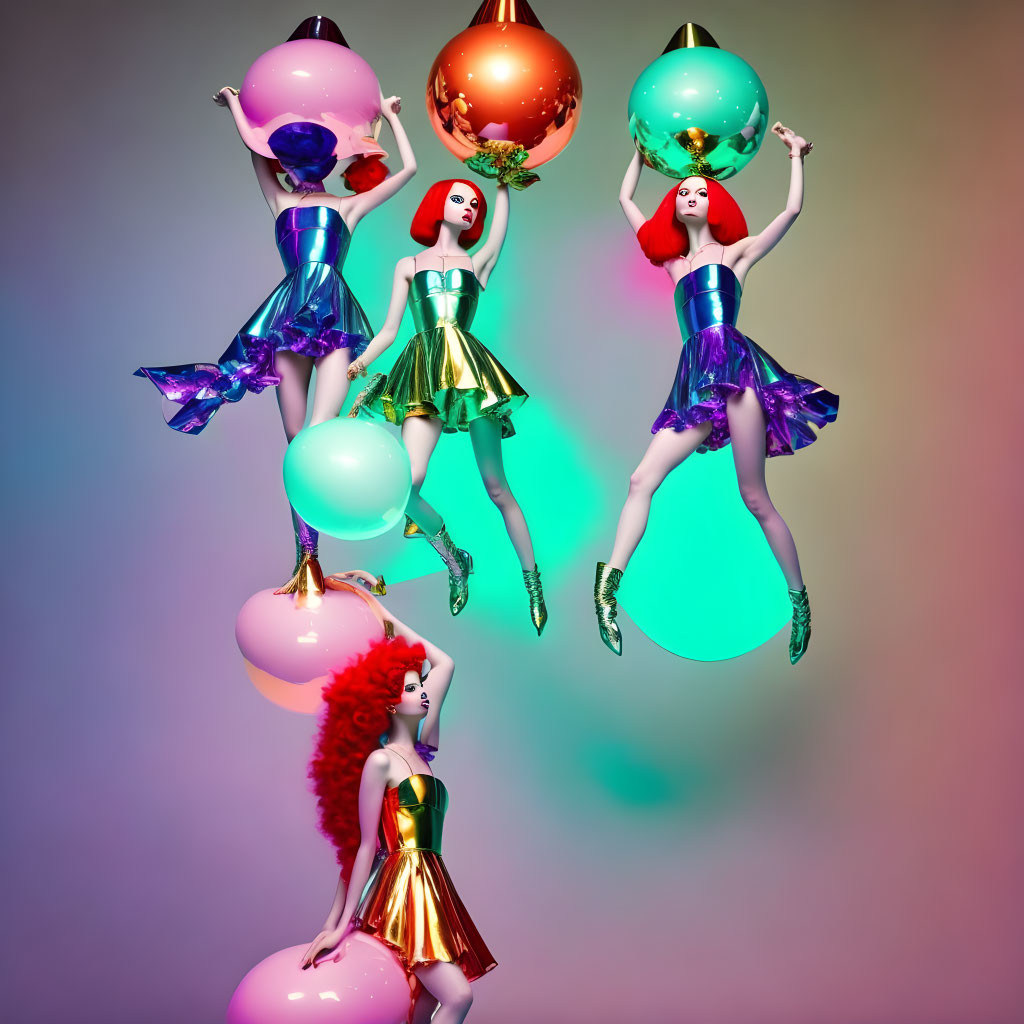 Vibrant hair female models in metallic dresses pose on balloons with ornamental spheres.