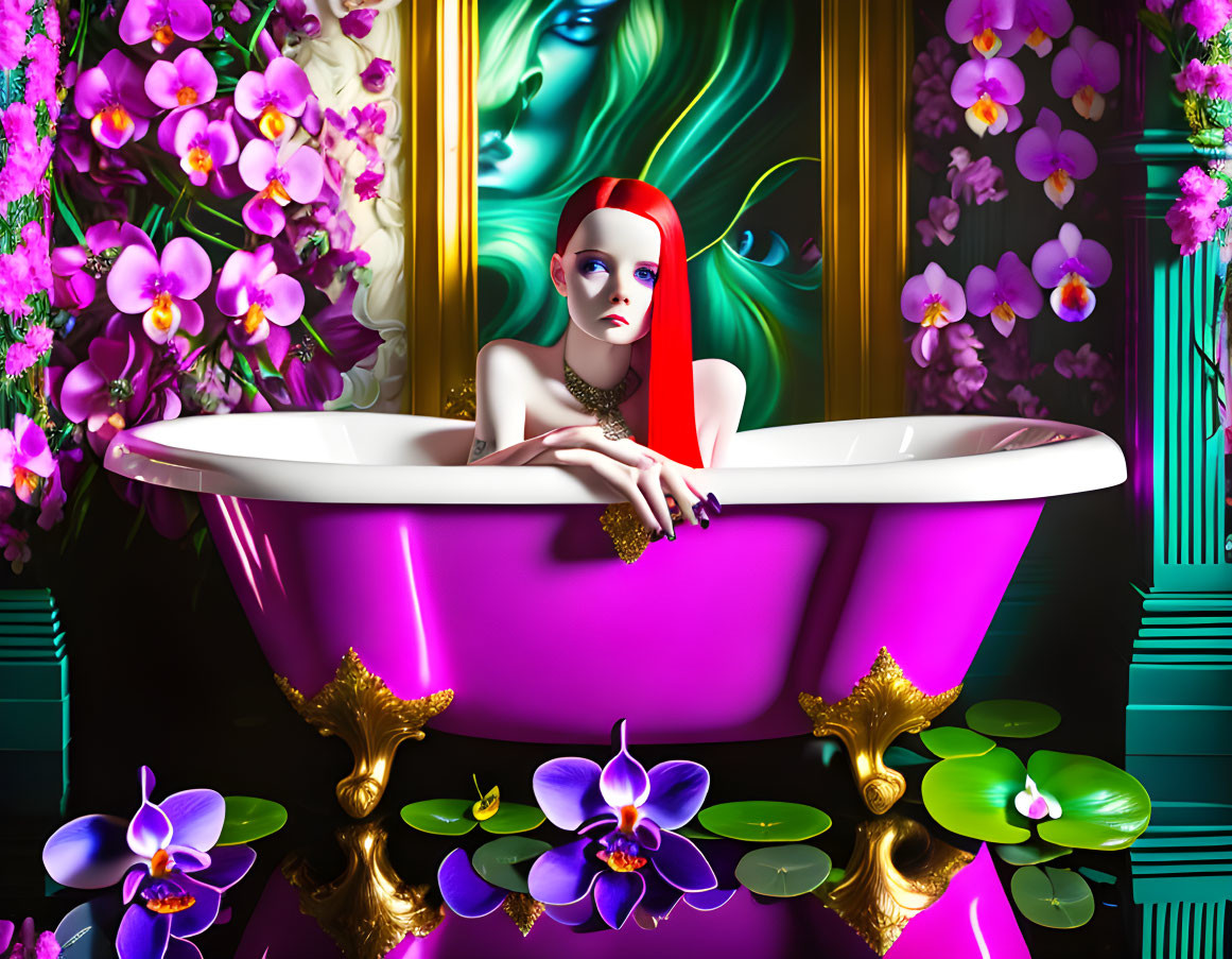 Red-haired woman in pink bathtub with orchids and lily pads on green background