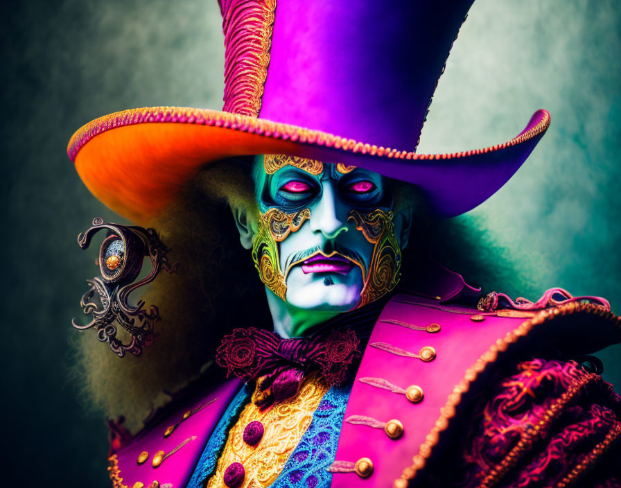 Elaborate costume with large purple hat and vibrant makeup