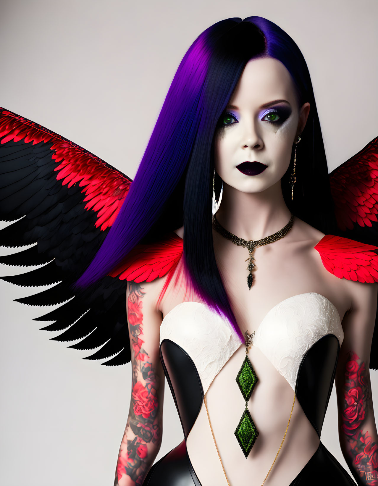 Person with Purple and Black Hair, Dramatic Makeup, Tattoos, Dark Angel Wings, White Top