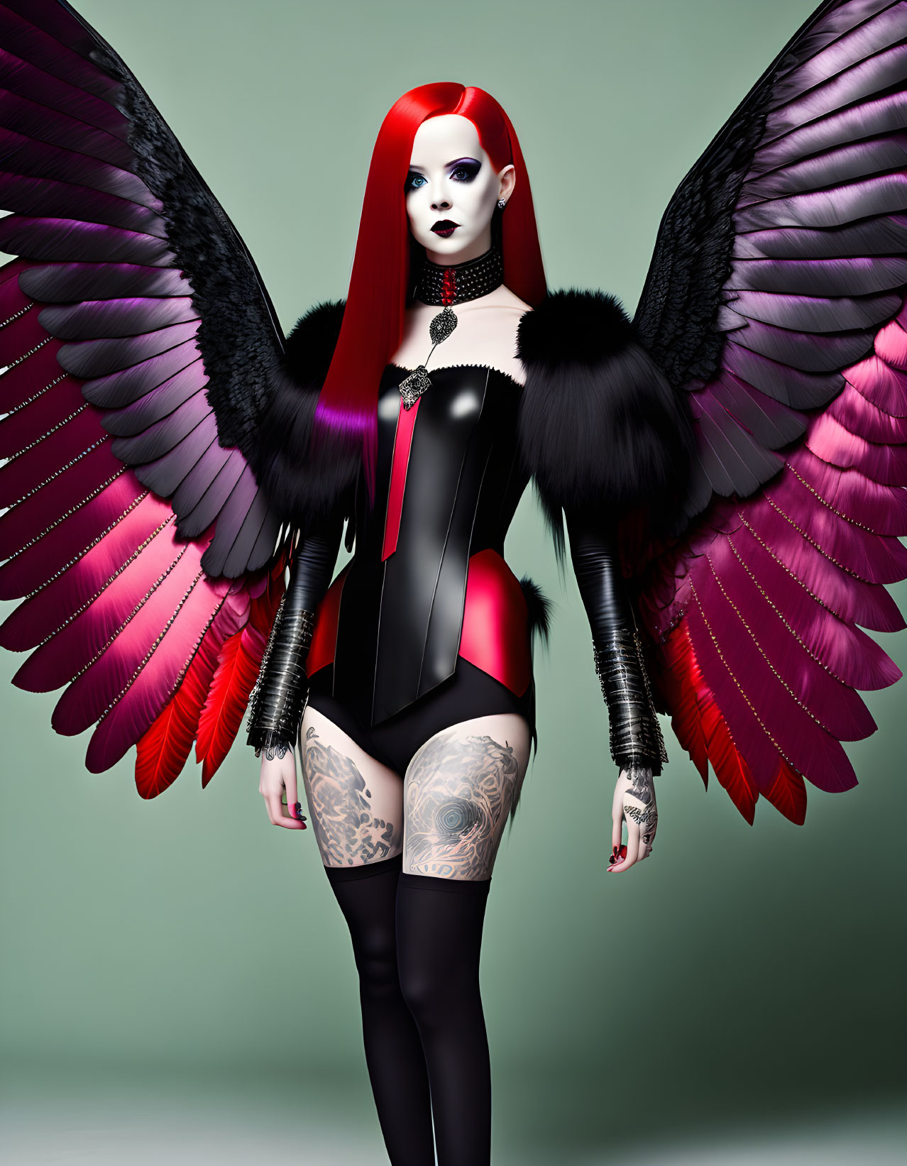 Stylized image: Woman with red hair, black and pink wings, tattoos, dark makeup on