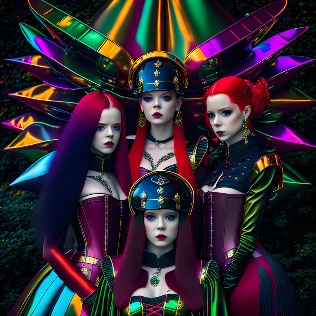 Colorful Gothic-Inspired Attire on Three Women