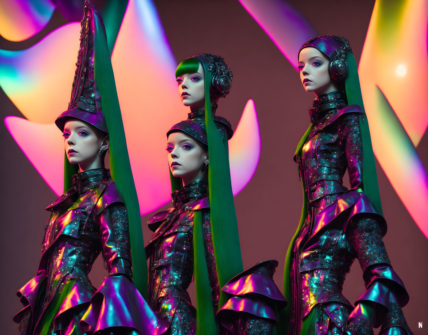 Futuristic models in metallic clothing and unique headpieces on dynamic colored background
