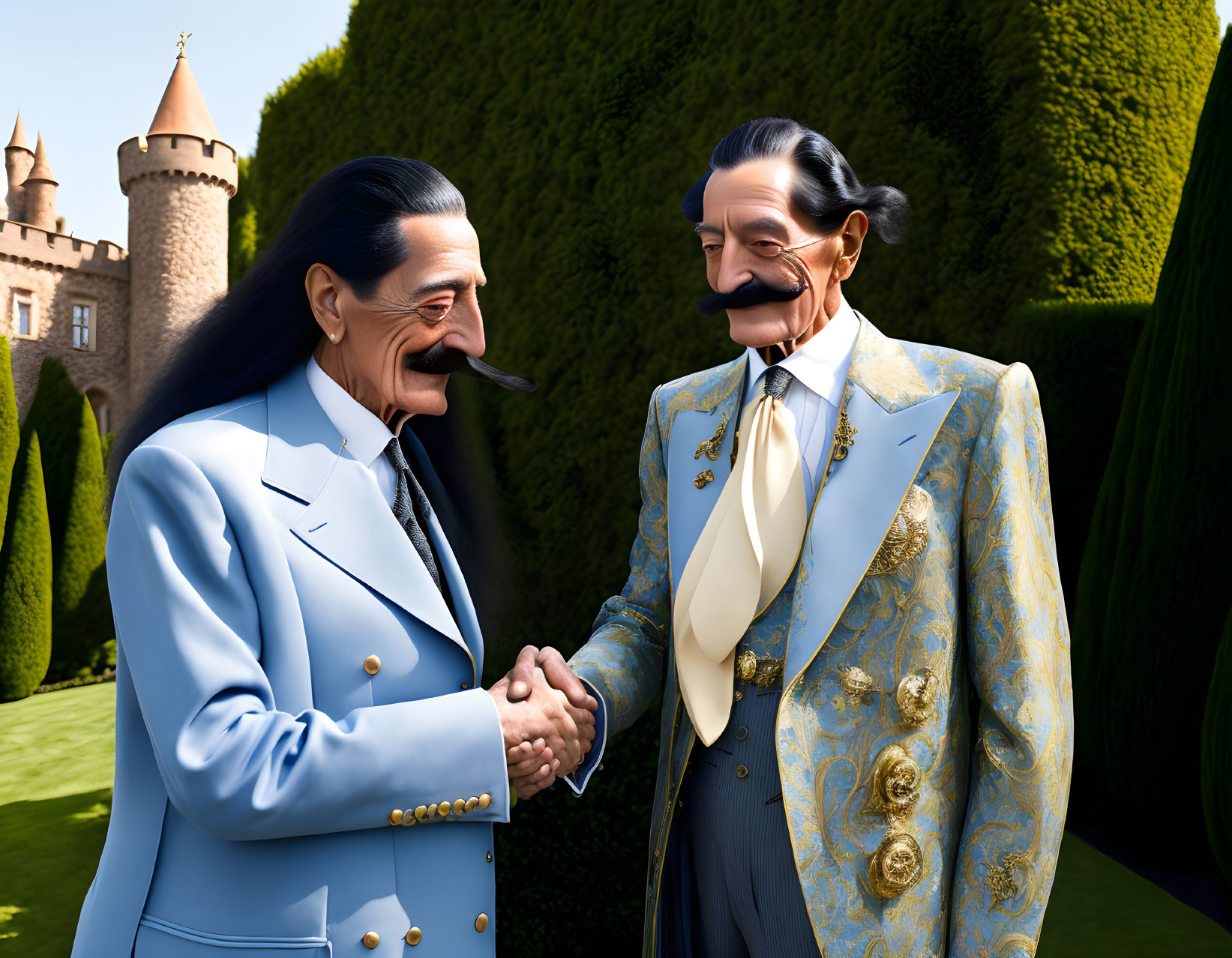 Stylized animated men in fancy suits shaking hands at castle.