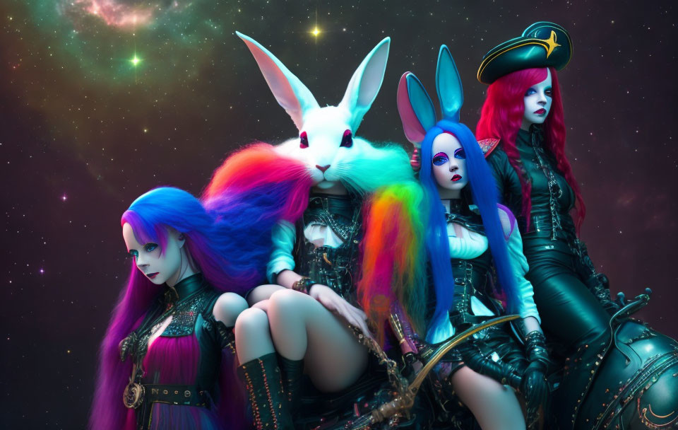 Fantasy art with stylized female figures and rabbit in cosmic setting