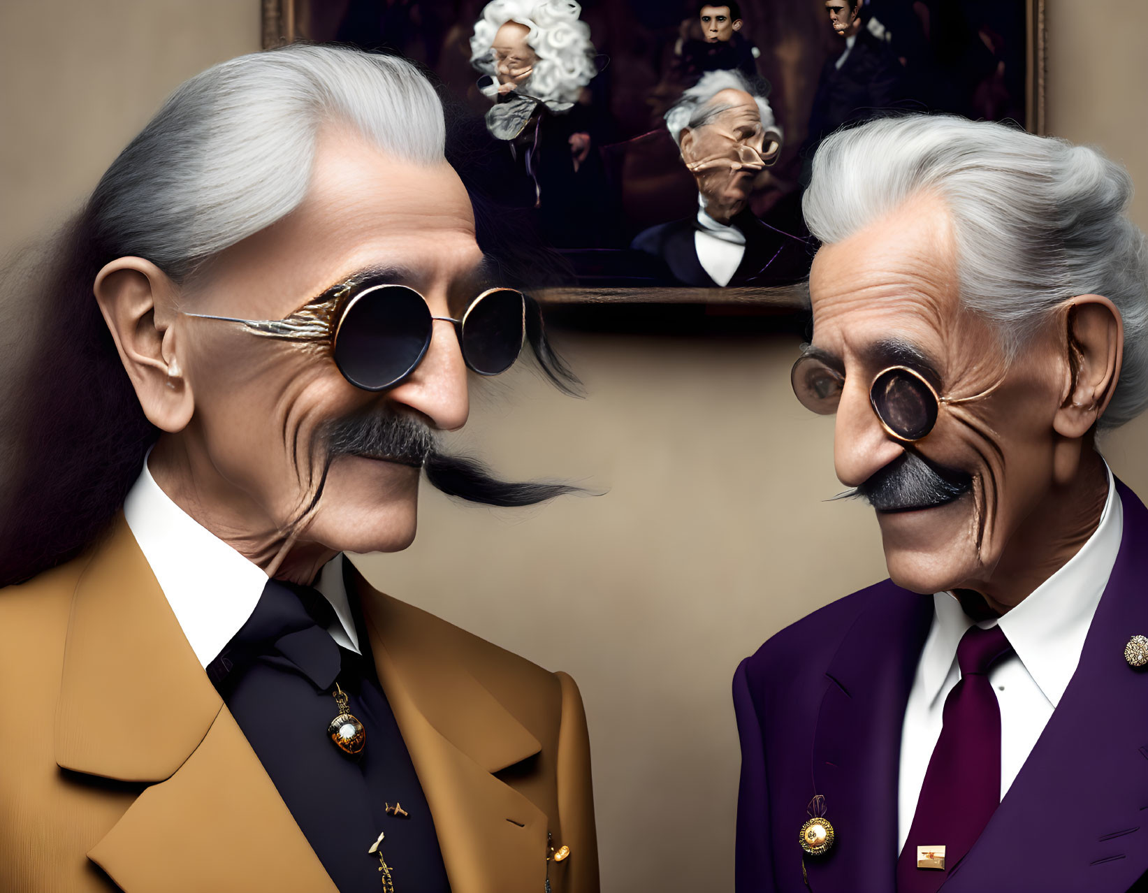 Stylized elderly gentlemen in suits and sunglasses before a painting